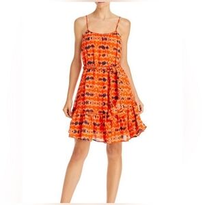 Wayf NWT bright orange multicolor minidress ruffle hemline belt size XS